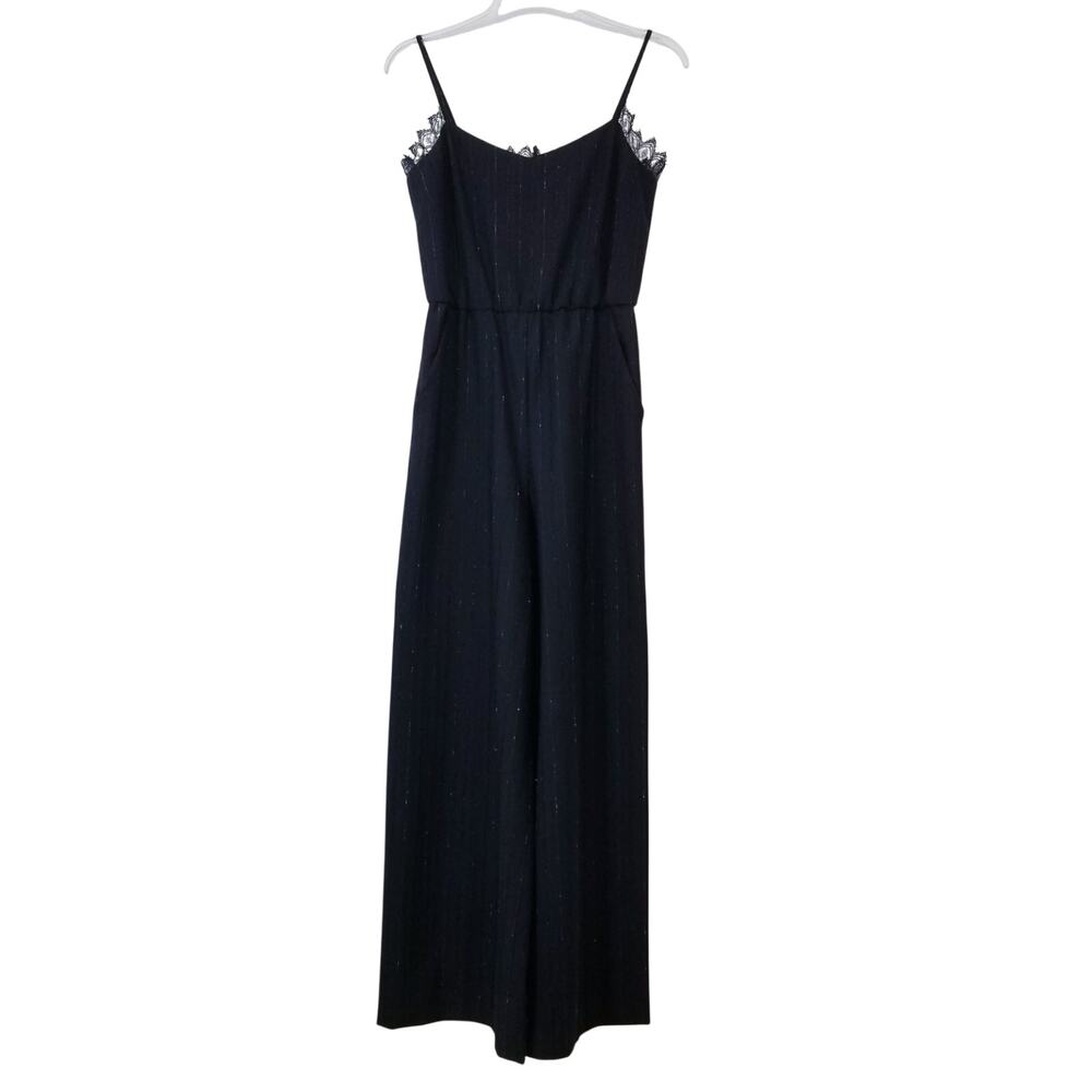 SESSUN Black Metallic Shimmer Stripes Lace Wool Blend Jumpsuit Wide Leg Pockets
